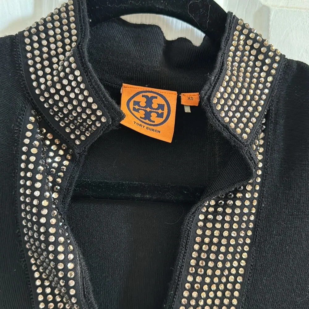 Tory Burch Black Merino Wool Rhinestone Embellished Tunic Sweater